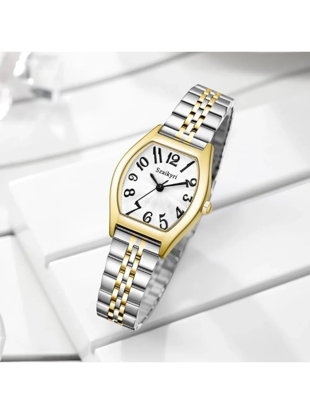 Women's Silver & Gold-Black  Barrel-Shaped Easy Read Arabic Numerals Dress Watch